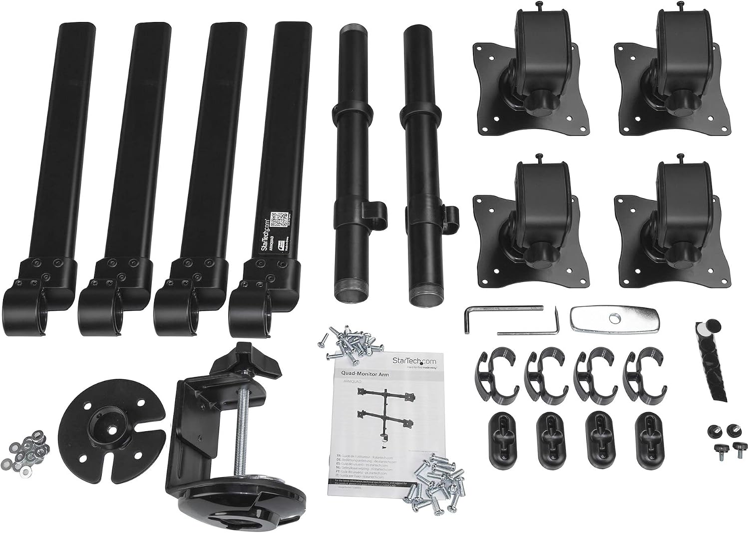 StarTech.com Desk Mount Quad Monitor Arm - Ergonomic VESA 4 Monitor Mount 2x2 up to 27' - Articulating & Height Adjustable Pole Mount - Tilt/Swivel/Rotate LCD/LED Screen - Clamp/Grommet (ARMQUAD)