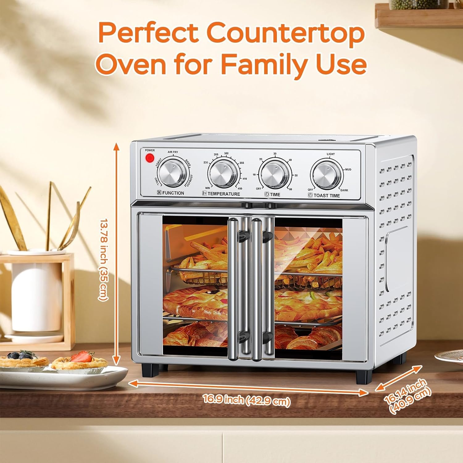 PlumChef 27.5 Quart Extra Large 6 Slices Air Fryer Convection Toaster Oven, French Door, 1700W, Multifunction Oven for Air Fryer, Toast, Grill, Defrost, Bake (Stainless Steel)