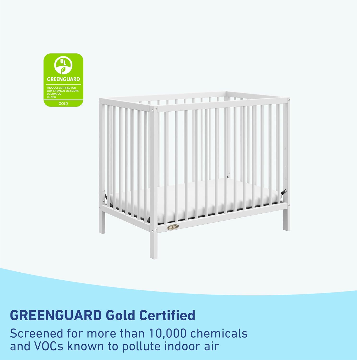 Graco Teddi 4-in-1 Convertible Mini Crib with Bonus Water-Resistant Mattress – GREENGUARD Gold Certified, 2.75-Inch Mattress Included, Small Spaces Crib, Easy 30-Minute Assembly (White)