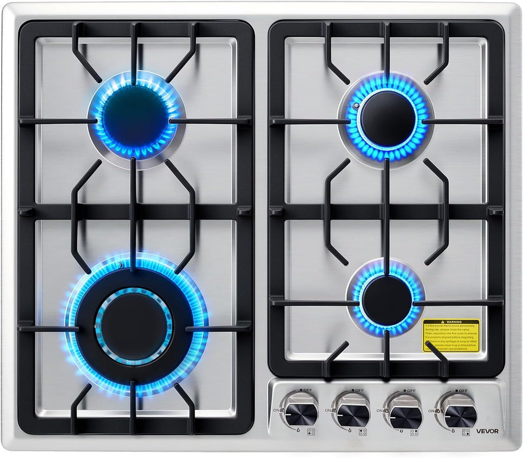 VEVOR 24 inch Gas Cooktop 4 Burners Gas Stove Top, Max 27000BTU Built-in Stainless Steel Stove Top LPG/NG Convertible Dual Fuel Cooktop Stoves with Thermocouple Protection for Kitchen Apartment Rvs