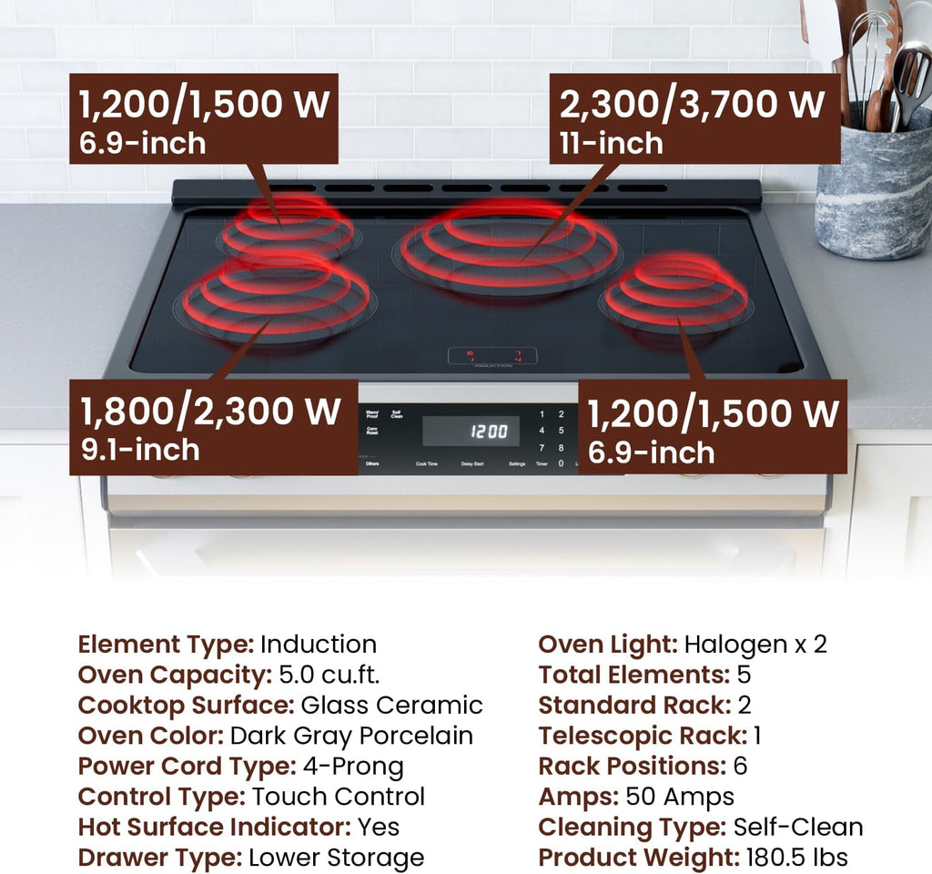Rangaire RRI303GS 30' Glass Touch Induction Range Oven - Stainless Steel, Induction Burners, True Convection, Self Cleaning, Easy Reach Racks