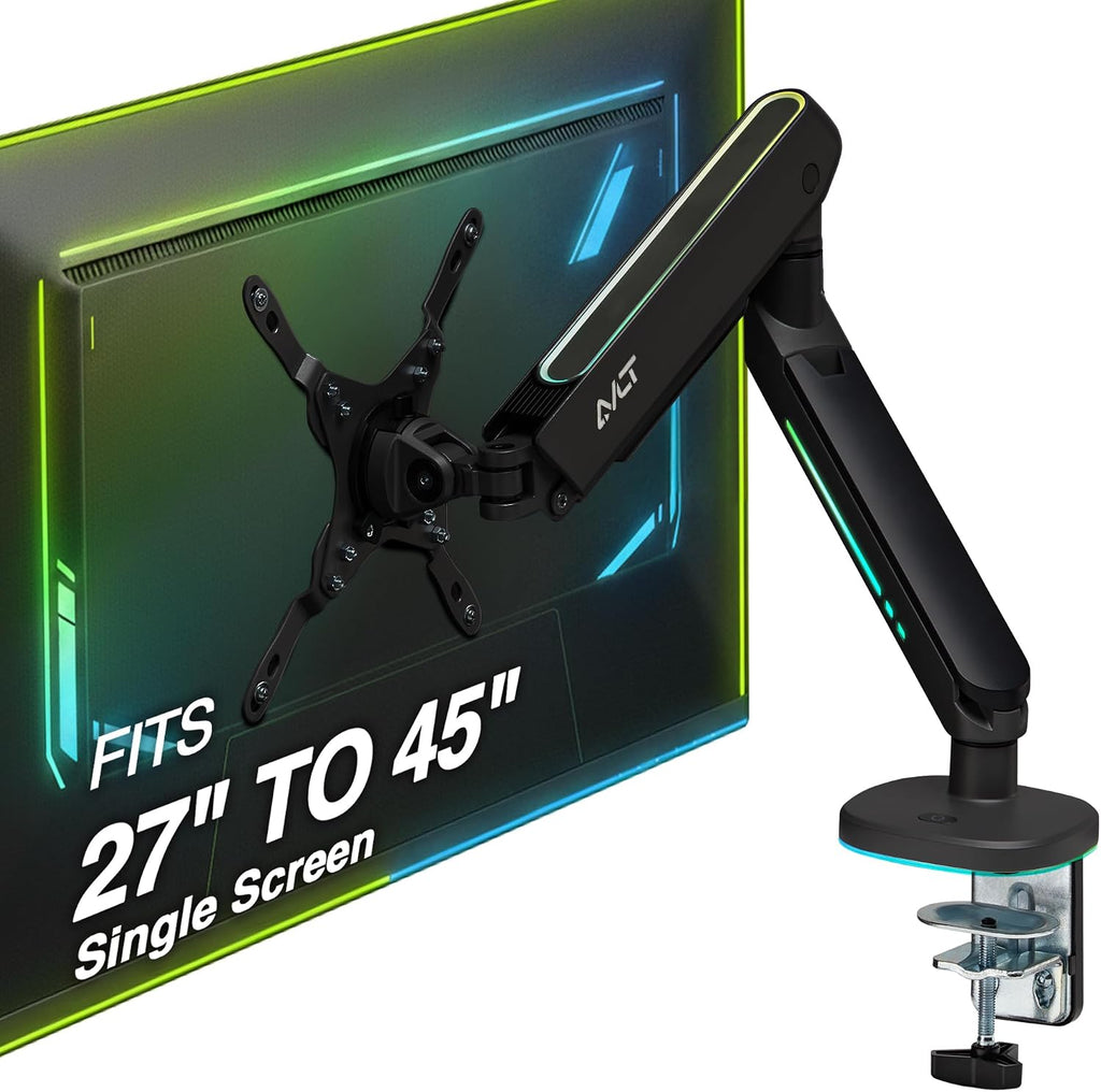 AVLT Single 27'-45' RGB Gaming Monitor Arm Desk Mount Built-in 20 Lighting Modes Touch Button Control Fits Flat/Curved/Ultrawide Screen Height Swivel Tilt Rotation Adjustable Stand -Black