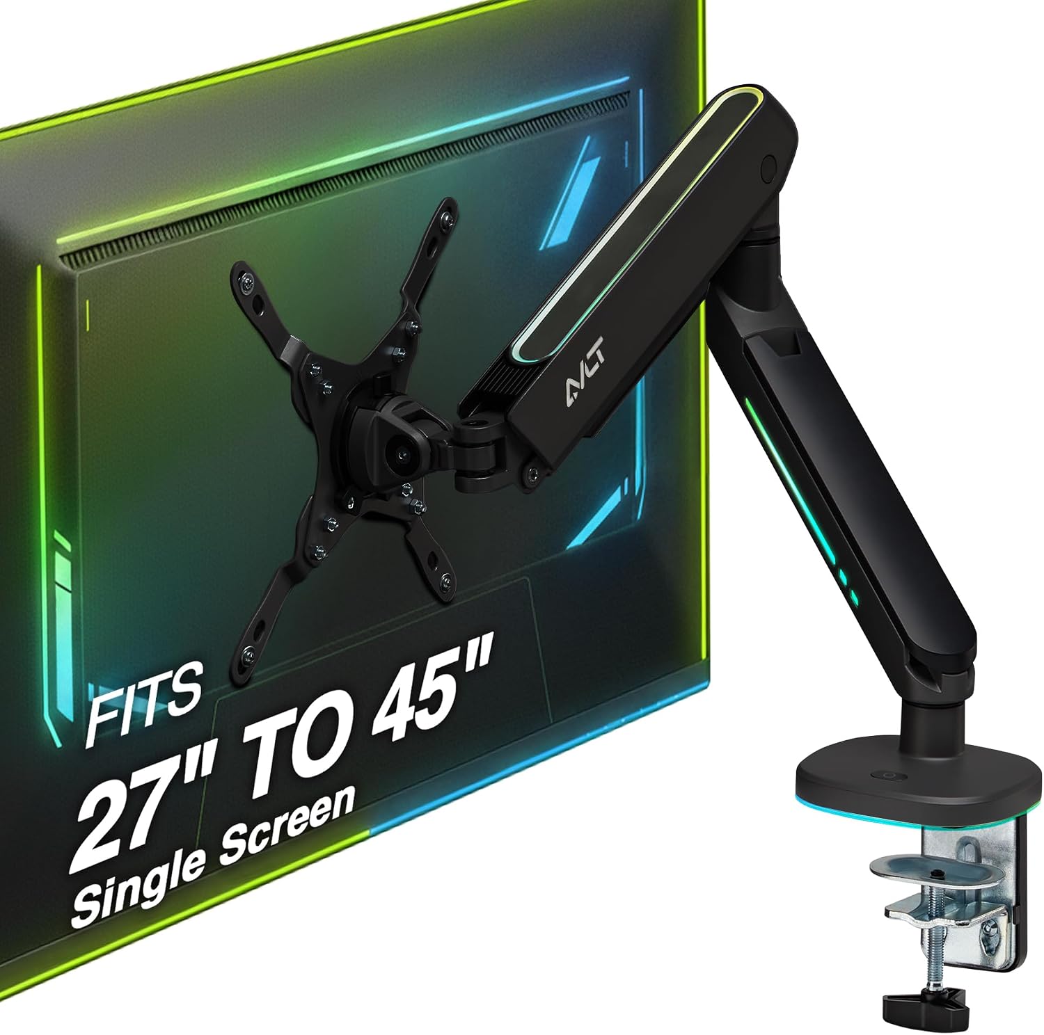 AVLT Single 27'-45' RGB Gaming Monitor Arm Desk Mount Built-in 20 Lighting Modes Touch Button Control Fits Flat/Curved/Ultrawide Screen Height Swivel Tilt Rotation Adjustable Stand -Black