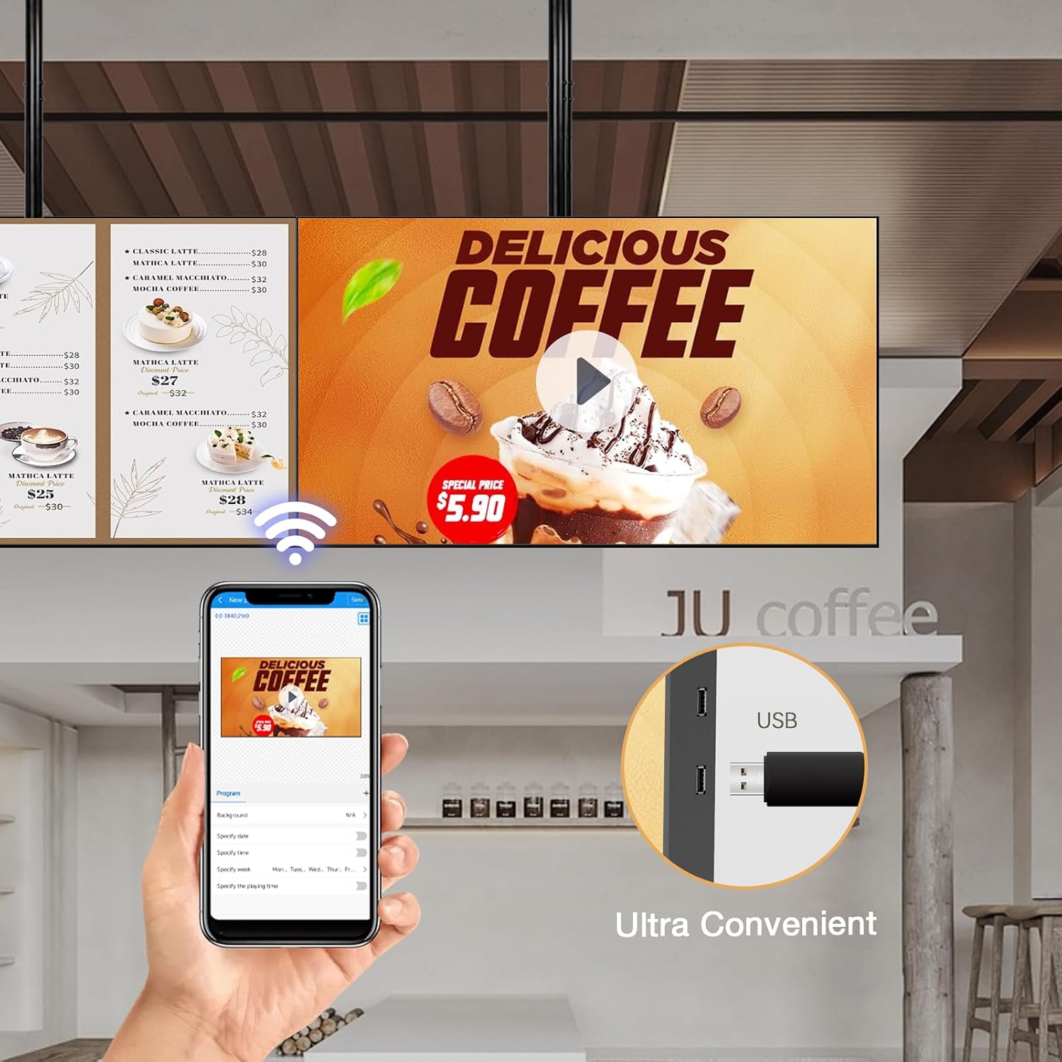 Digital Signage Display 40 inch Wall Mount Digital Menu Board for Restaurants and Stores Advertising Screen 1000 nits Ultra-High Brightness 4K UHD Free Web Content Editor Android 4GB + 32GB