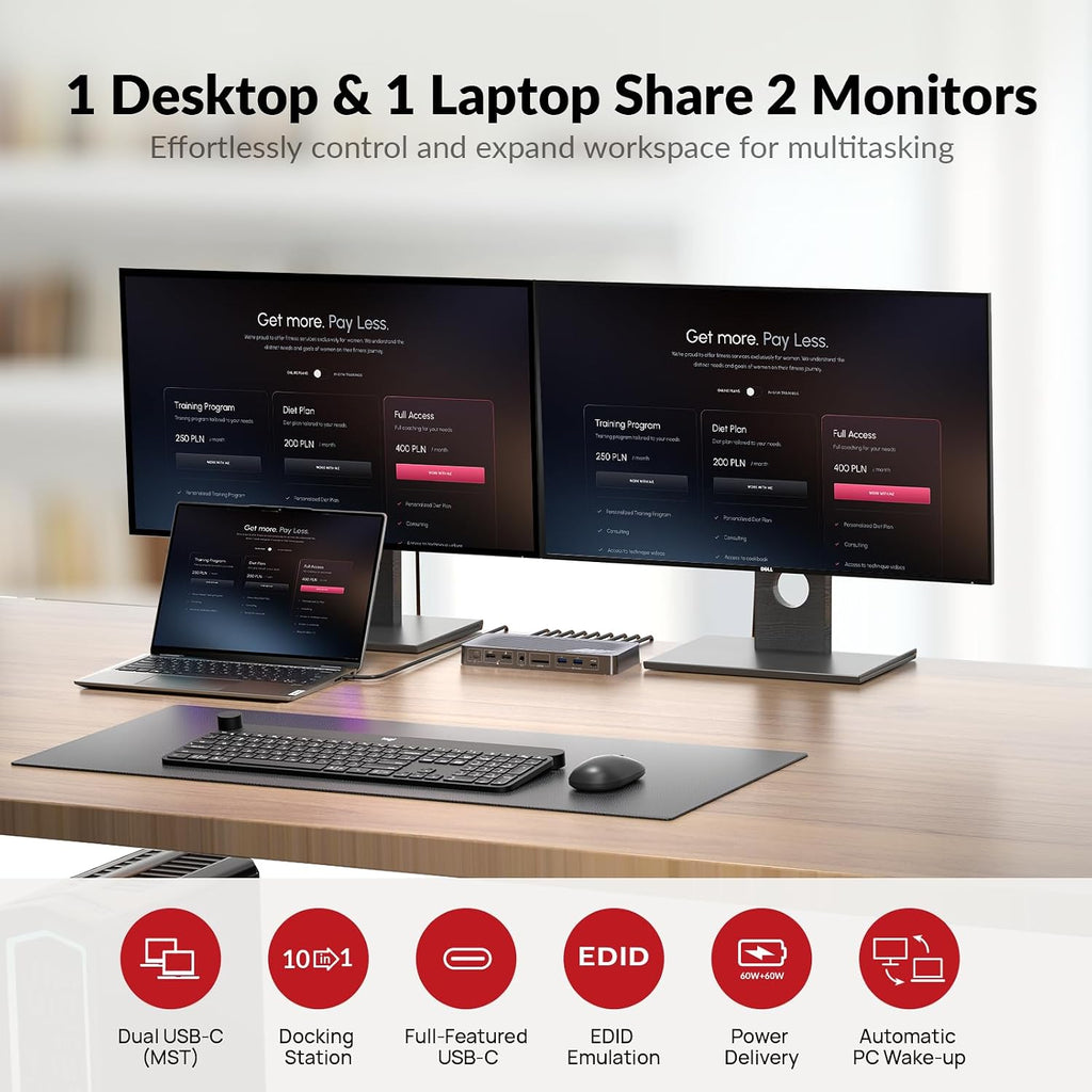AV Access iDock P10 KVM Docking Station 2 Monitors 2 PCs, GbE, EDID, 5xUSB-A, 65W PD, USB C Hub, 4K@60Hz HDMI & DisplayPort USB C KVM Switch Dual Monitor Laptop & Desktop, Audio, SD, Remote Switch