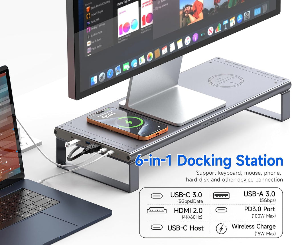 YICOSUN Monitor Stand HUB - Aluminum Riser with 6-in-1 Docking Station: 4K HDMI, USB-C, USB 3.0, PD 100W, Wireless Charging, Drawer Organizer - Gray