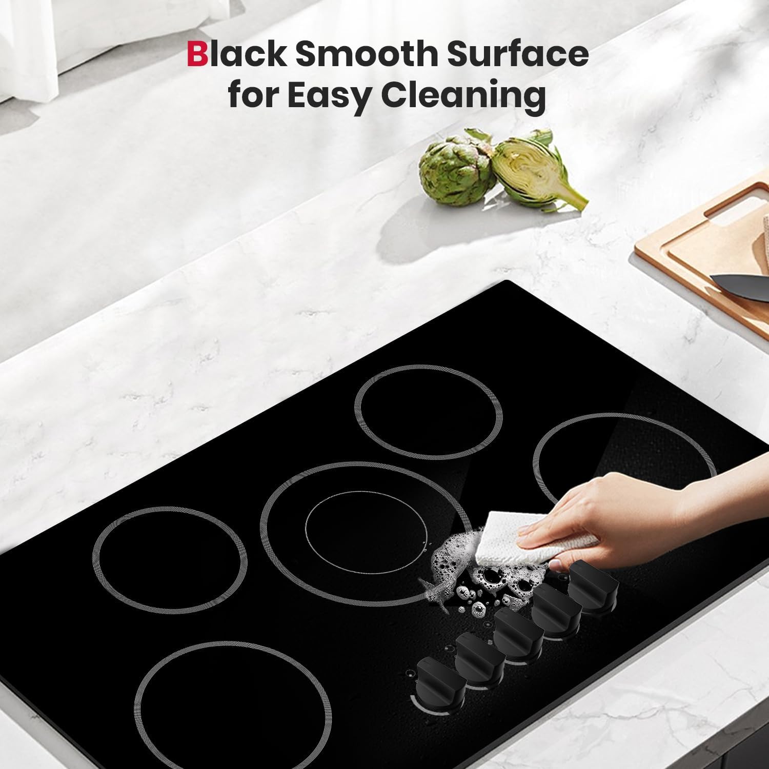 GASLAND 36 Inch Electric Cooktop, 8200W Drop-in Radiant Glass Stove Top CH90BS with 5 Burners, 220V Ceramic Electric Stovetop, 7 Power Levels, Mechanical Knob Control, Hot Warning, Hard Wire