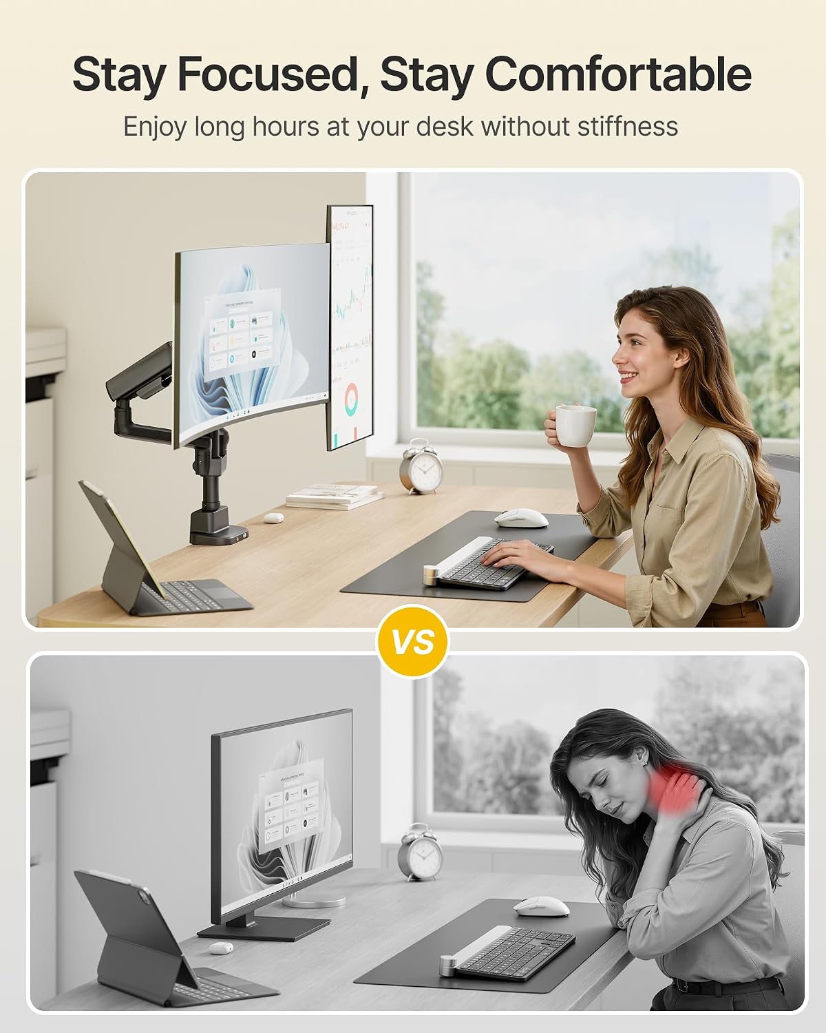 monTEK Dual Tall Monitor Arm with USB, Mechanical Spring Monitor Arm for 17-35' Screens, Adjustable Monitors Desk Mount Each Holds up to 24.2 lbs with C Clamp/Grommet, VESA 75/100mm