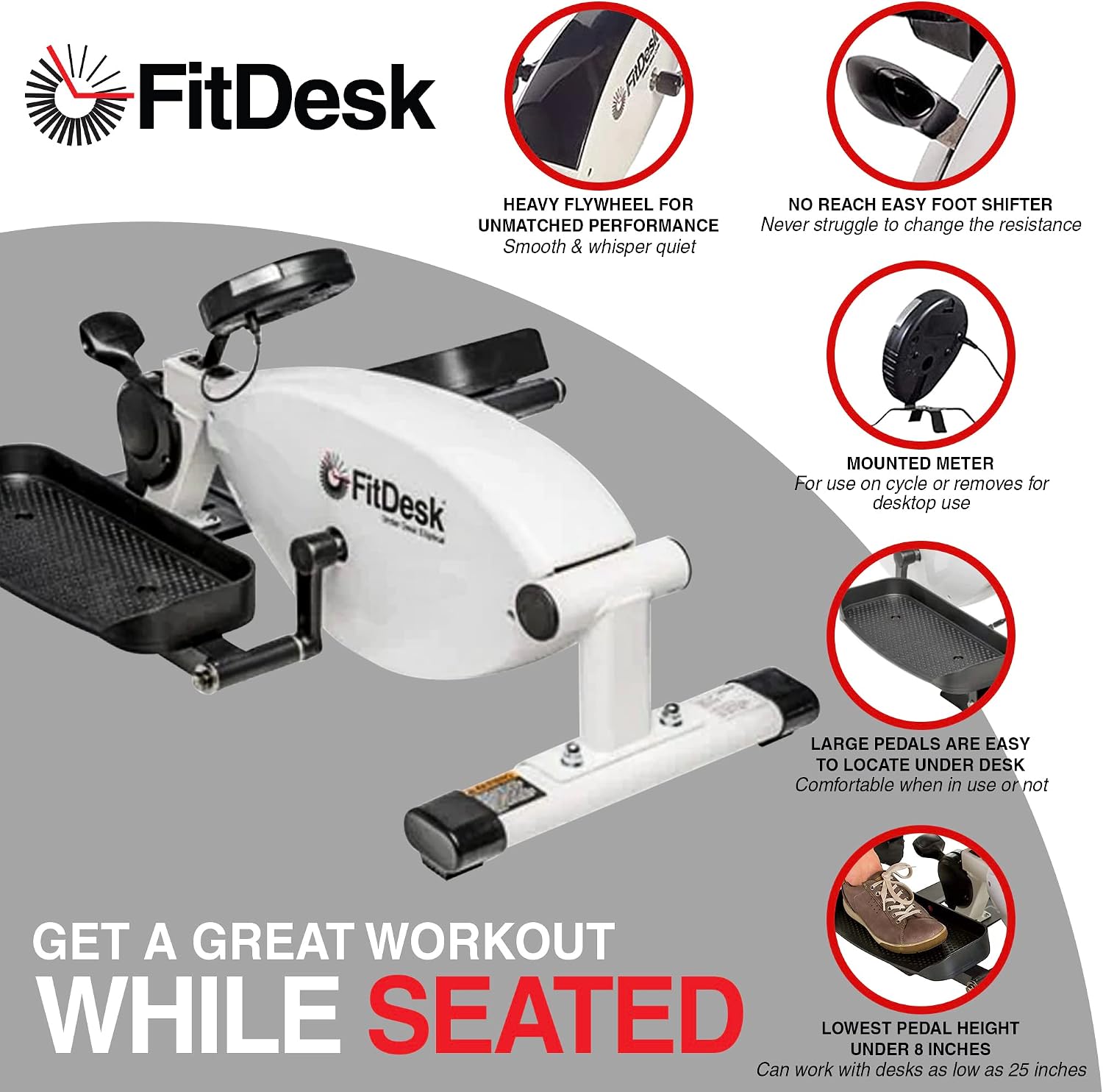 FitDesk Under Desk Bike Exercise Machine, Compact Magnetic Pedal Exerciser, Mini Elliptical, Quiet Seated Cardio Trainer for Home Office Workouts, Adjustable Resistance Bike for Desk Fitness