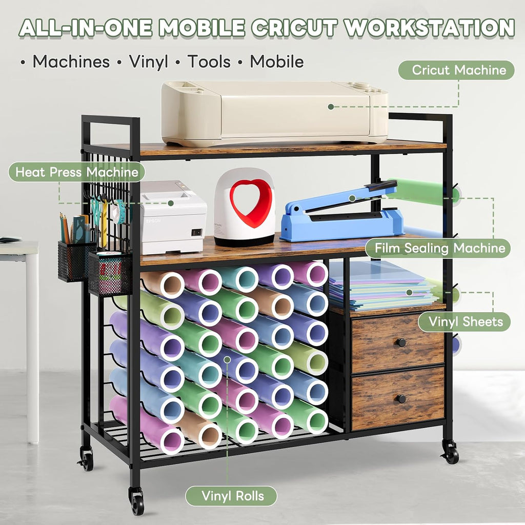 HavenlyYouth Craft Cart Compatible with Cricut Machine, Large Cricut Table with 34 Vinyl Roll Holder, 2 Drawers and Charging Station, Craft Storage Cabinet Craft Workstation
