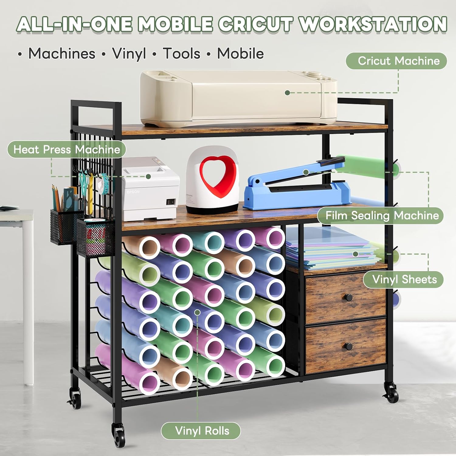 HavenlyYouth Craft Cart Compatible with Cricut Machine, Large Cricut Table with 34 Vinyl Roll Holder, 2 Drawers and Charging Station, Craft Storage Cabinet Craft Workstation