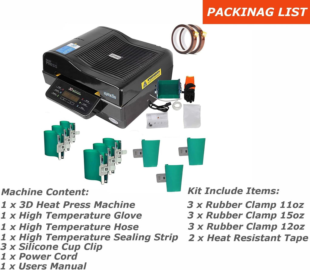 INTSUPERMAI 3D Vacuum Sublimation Heat Press Machine Muti-fuction Sublimation Machine Kit with 9 Pieces Rubber Clamp 2 Heat Resistant Tape for Mugs Transfering Printing 2800W