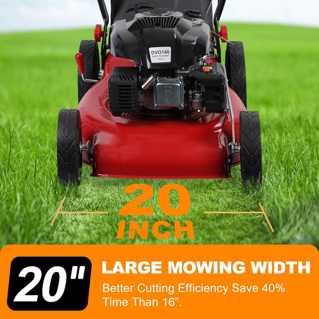 Gas-Powered Self-Propelled Lawn Mower, 141cc Gas Engine with Air Cooling, 21' Steel Deck, 3-in-1 Cutting System, 6-Level Height Adjustment, 1.4-Bushel Grass Catcher Red