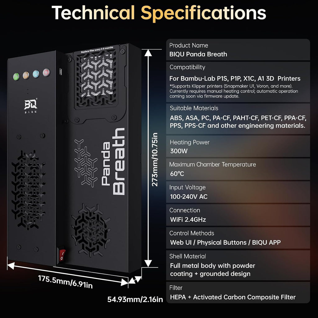 BIQU Panda Breath Smart Chamber Heater & Air Filter & Filament Drying for Bambu-Lab P1P, P1S, X1C, A1, Snapmaker U1, Voron, Trident, VZBot 3D Printers