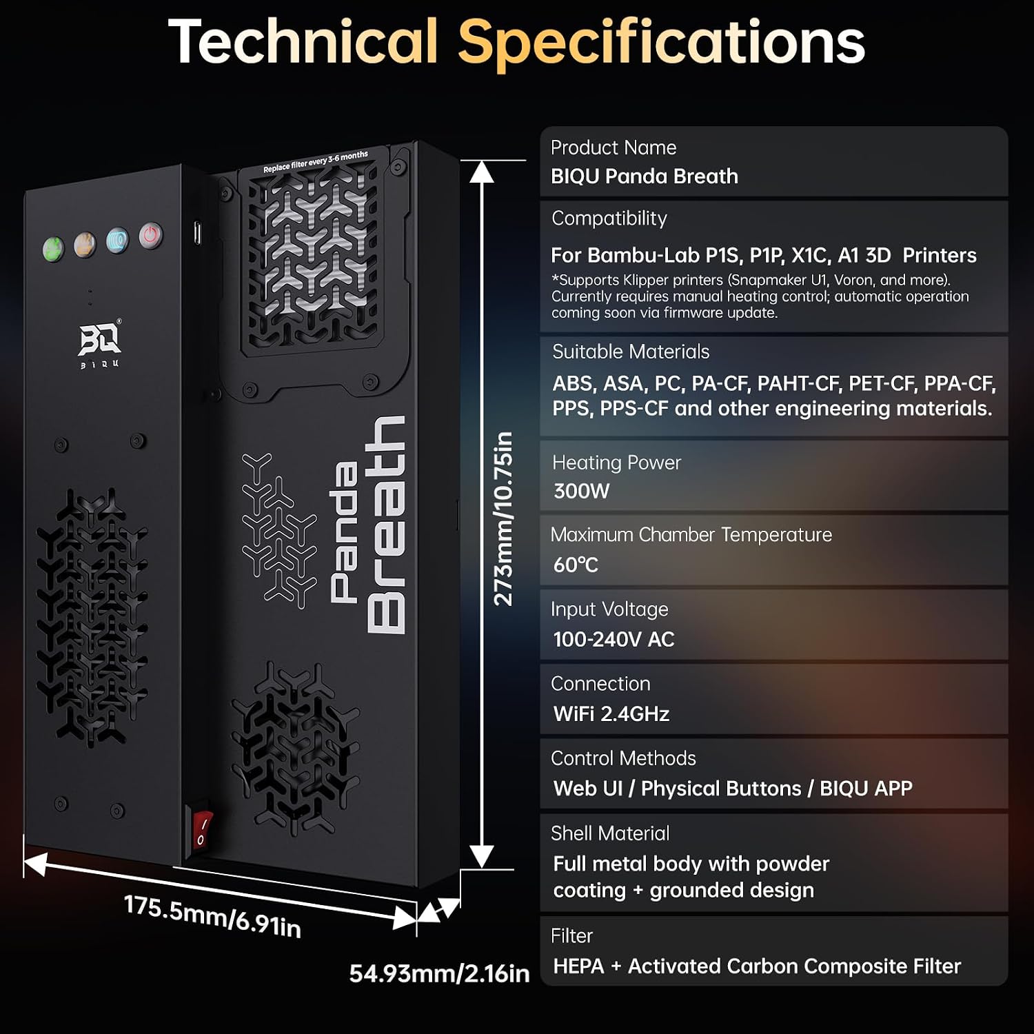 BIQU Panda Breath Smart Chamber Heater & Air Filter & Filament Drying for Bambu-Lab P1P, P1S, X1C, A1, Snapmaker U1, Voron, Trident, VZBot 3D Printers
