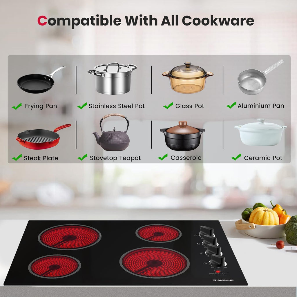 GASLAND Electric Cooktop 30 Inch, Pro CH77BS 7000W Built-in Ceramic Radiant Stovetop with 4 Burners, ETL Approved, Knob Control, Hot Surface Indicator, Child Safety Lock, 240V