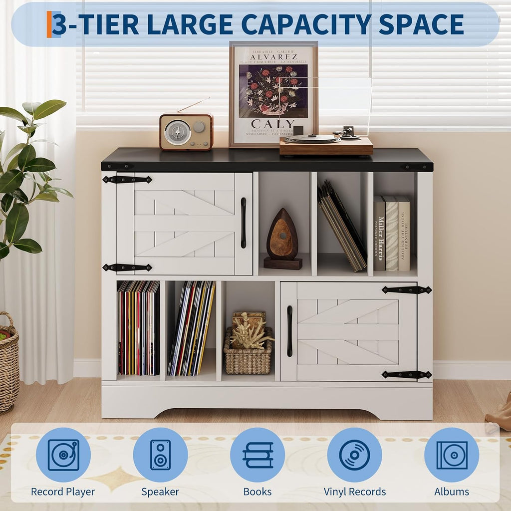 GarveeHome 39in Large Vinyl Record Storage, Farmhouse Wood Turntable Record Player Stand with Storage Cabinet and 2 Barn Doors for Living Room Bedroom, White