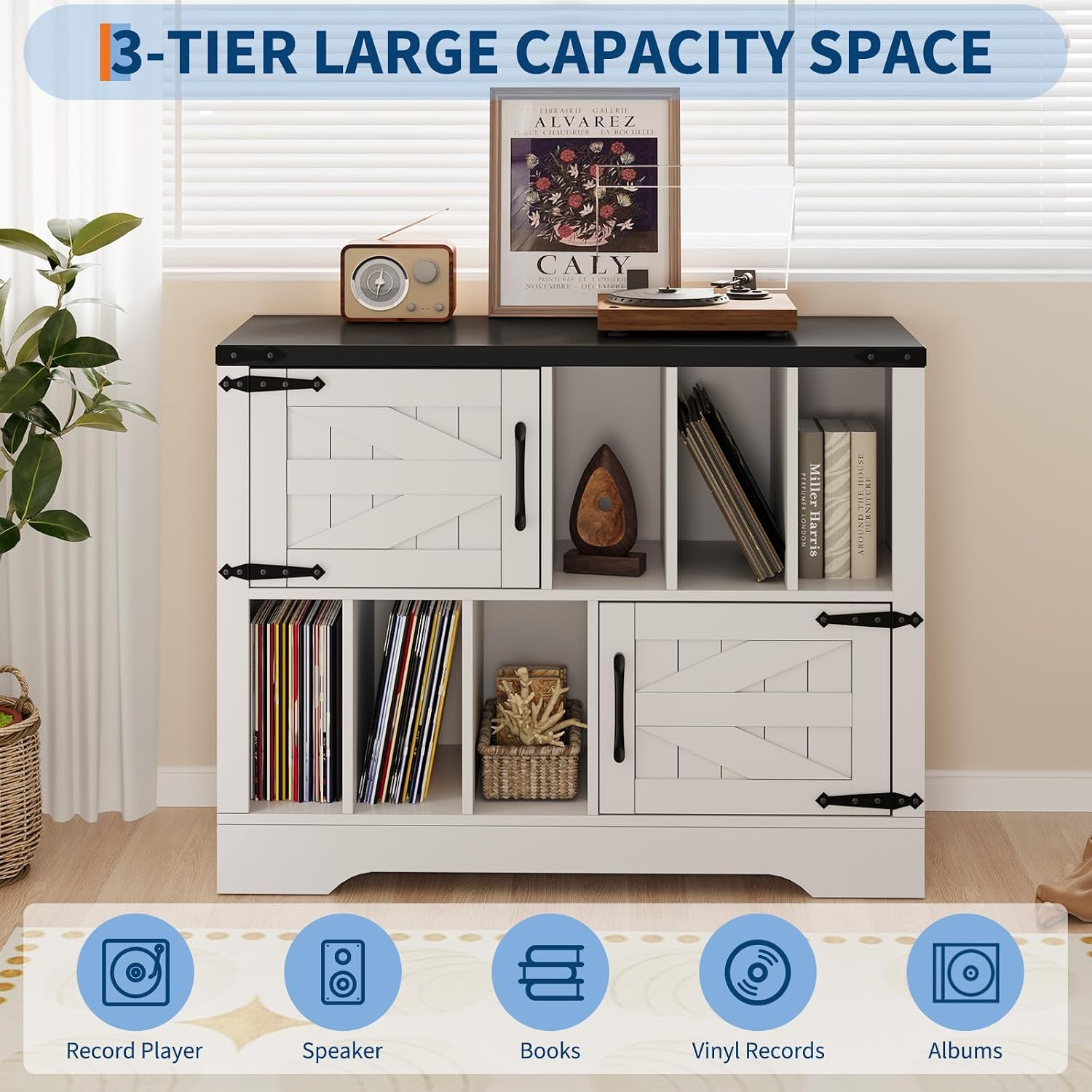 GarveeHome 39in Large Vinyl Record Storage, Farmhouse Wood Turntable Record Player Stand with Storage Cabinet and 2 Barn Doors for Living Room Bedroom, White