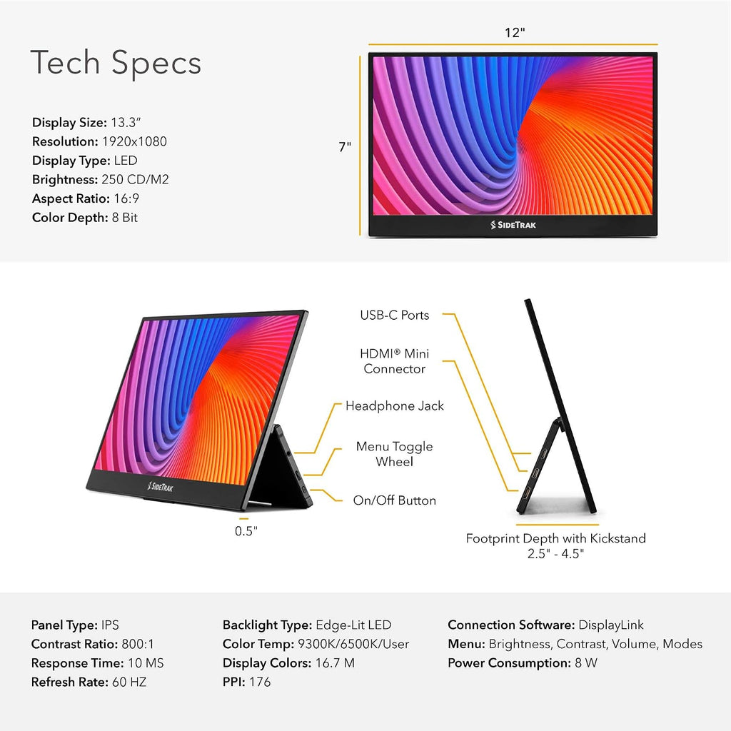 SideTrak Solo Pro 13' Freestanding Portable Monitor | 1080p LED .04' Thin | Kickstand | 10ms Response Time | 60Hz Refresh Rate | USB-C, Mini HD | 1.3 lbs. Travel Monitor