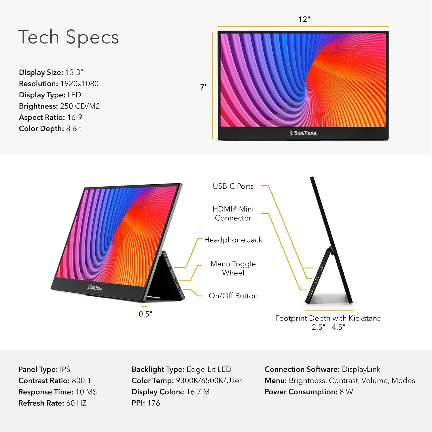 SideTrak Solo Pro 13' Freestanding Portable Monitor | 1080p LED .04' Thin | Kickstand | 10ms Response Time | 60Hz Refresh Rate | USB-C, Mini HD | 1.3 lbs. Travel Monitor