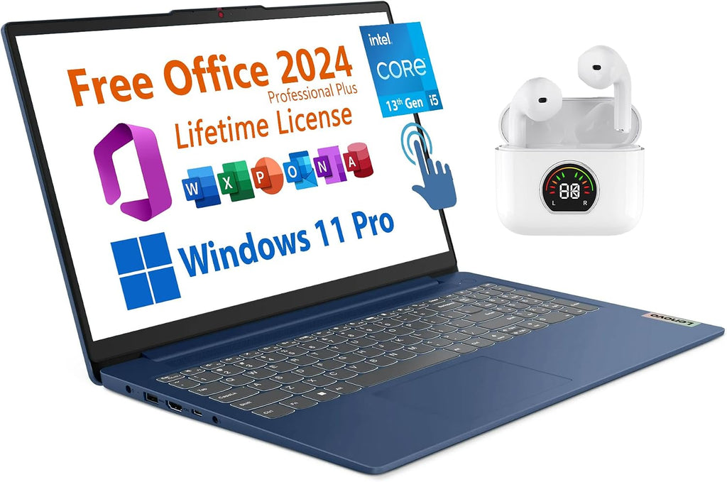 Lenovo 15.6' Laptop, Free Microsoft Office 2024 with Lifetime License, FHD Touchscreen, Intel 10-Core i5-1335U 4.6 GHz, 8GB RAM, 256GB SSD, WiFi 6, 7 hrs Battery Life, Windows 11 Pro, Toree Earbuds