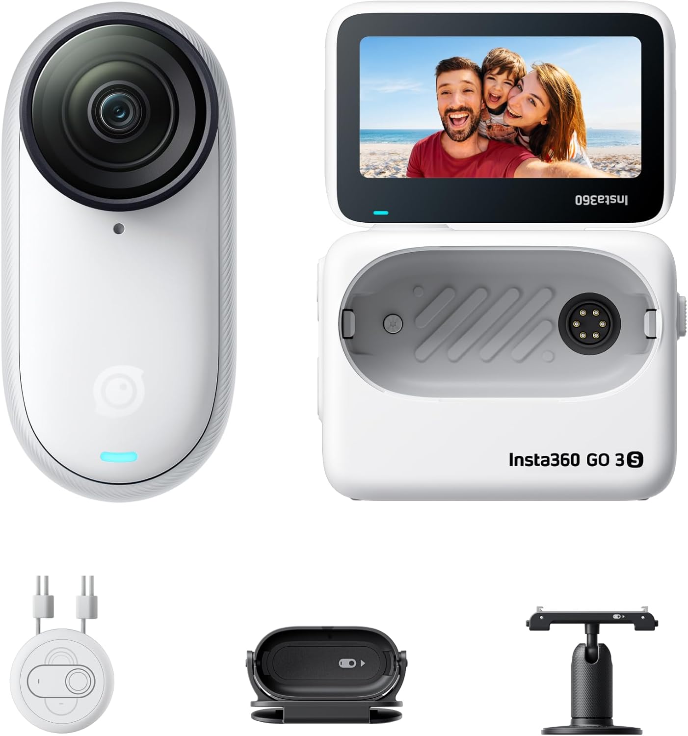 Insta360 GO 3S - 128 GB White 4K Tiny Portable Vlogging Camera, Hands-Free POVs, Mount Anywhere, Stabilization, 140 Min Battery Life, 10m Waterproof, Apple Find My, Pet POV