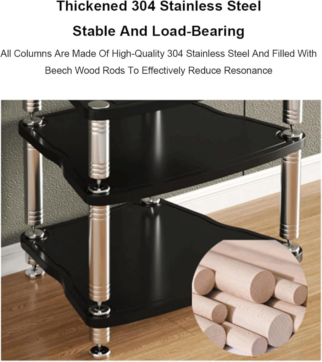Audio Rack Stainless Steel Stereo Rack Audio Equipment Rack Audio Stereo Shelf Wooden Open with Shock-Absorbing Feet HiFi Rack(Nero,4 Tier)