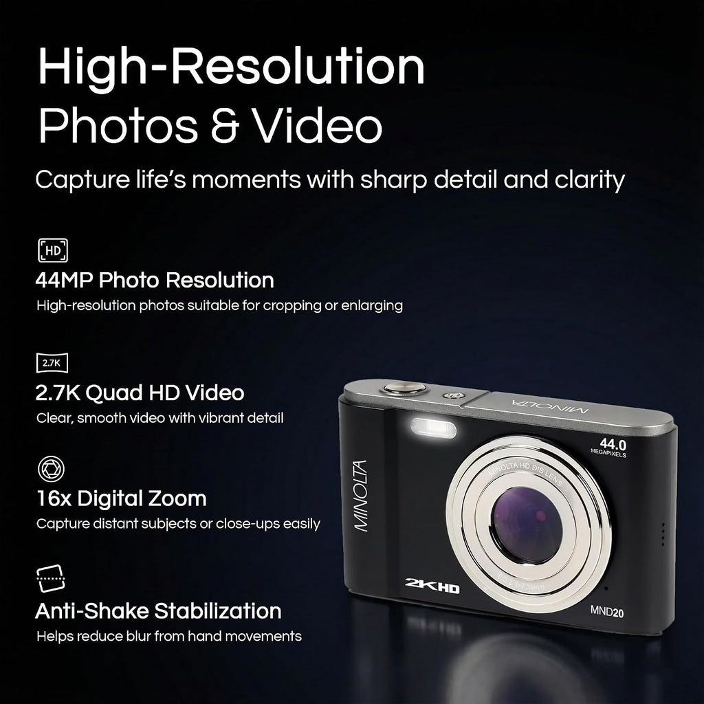 Minolta MND20 44MP Digital Camera – 2.7K Ultra HD Video, 16X Digital Zoom, Anti-Shake Stabilization, Time Lapse, Face Detection, 2.9-inch LCD Display – Lightweight Compact Camera (Black)
