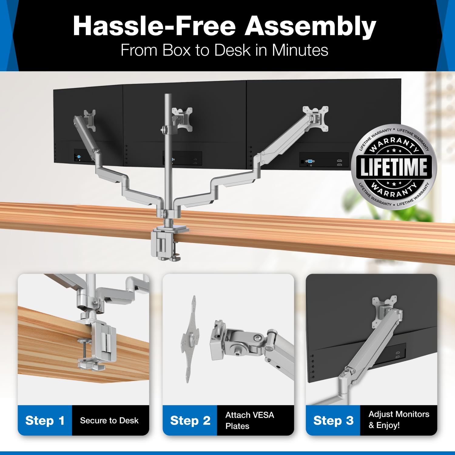 Mount-It! Triple Monitor Mount with Gas Spring Arms, Fits 24–32 Inch Screens, USB & Audio Ports, Full Motion Desk Stand with Tilt, Swivel & Rotation, Heavy Duty Silver 3 Screen Arm with Clamp