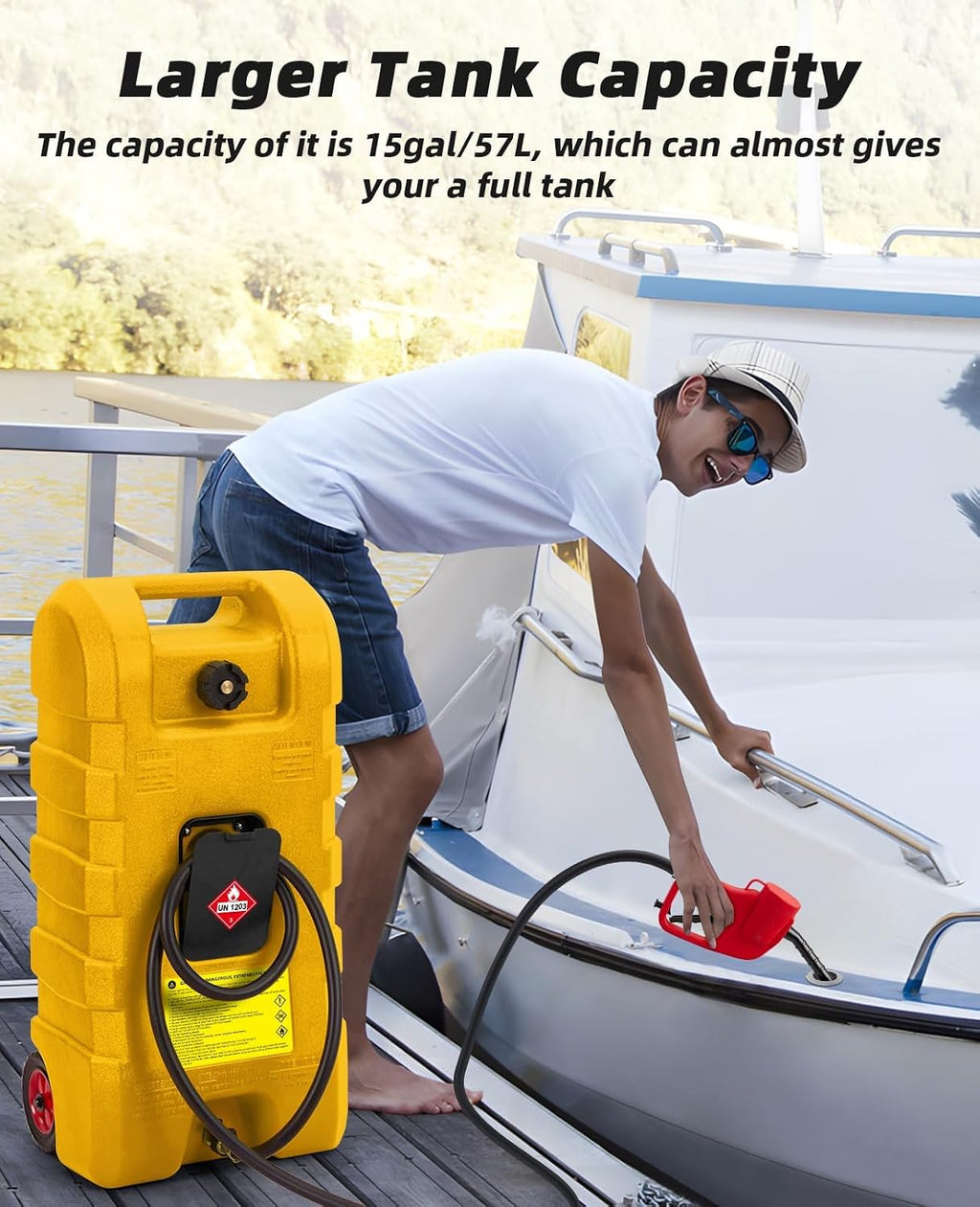 15 Gallon Portable Gas Tank with Caster,LE Fluid Transfer Siphon Pump,Fuel Caddy With 10Ft Hose. Delivery Hose Diesel Fuel Gas Can for Cars, Lawn Mowers, Boats Red/Gray/Yellow, Portable Diesel Can