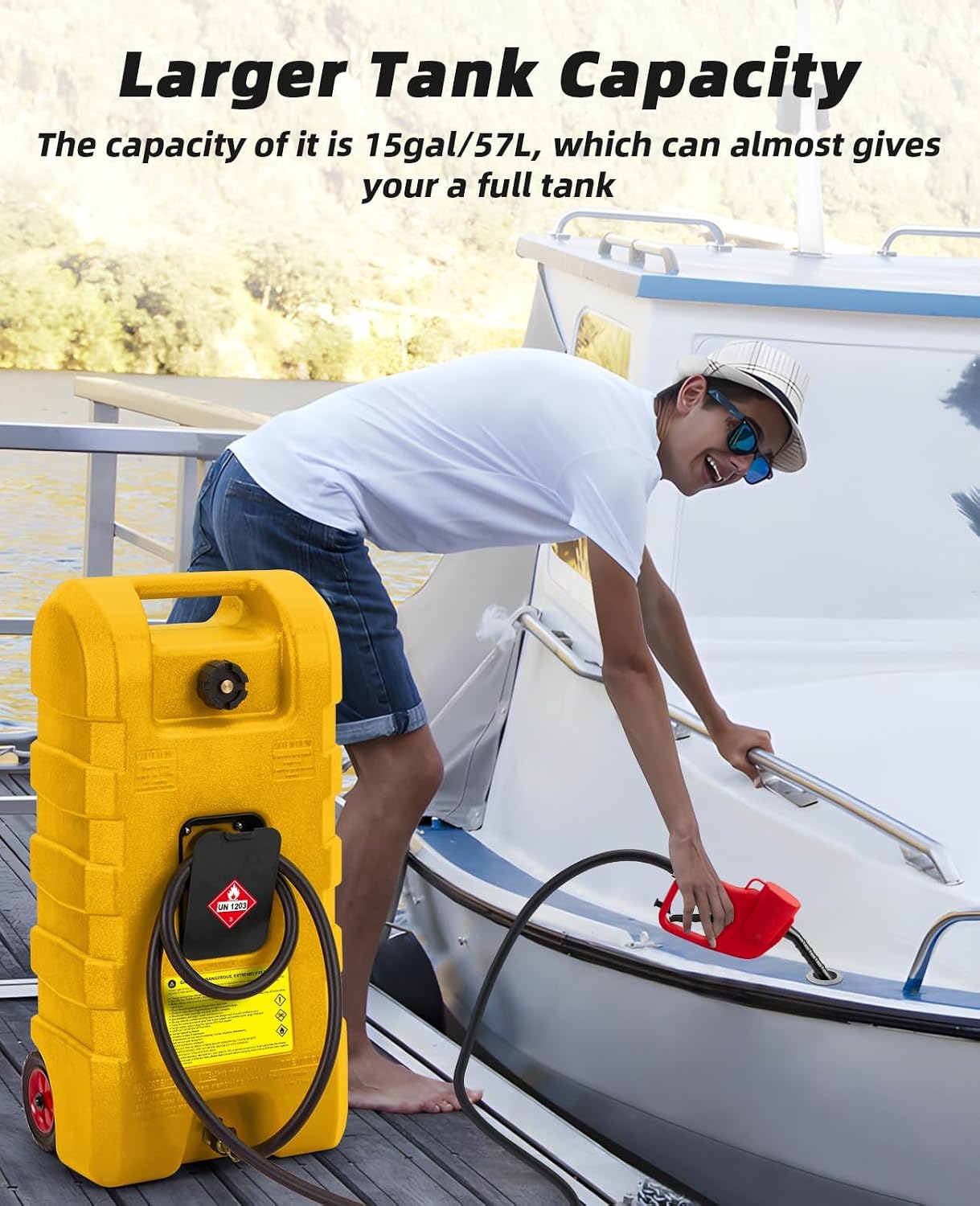 15 Gallon Portable Gas Tank with Caster,LE Fluid Transfer Siphon Pump,Fuel Caddy With 10Ft Hose. Delivery Hose Diesel Fuel Gas Can for Cars, Lawn Mowers, Boats Red/Gray/Yellow, Portable Diesel Can