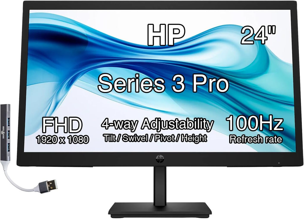 HP Series 3 Pro 24' FHD IPS Monitor w/ 5ms Response Time, Anti Glare, Flicker Free, Tilt, Swivel, Pivot, VGA, VESA Mount (100mm), Displayport, HDMI & DKZ USB Port Expander, Black Color