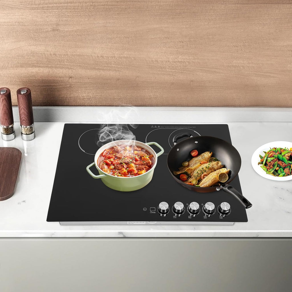 30 Inch Electric Cooktop Built-in Electric Cooktop, 4 Burner Stove Top, 3700W Electrical Ceramic Cooktops with 90Min Timer Ceramic Cook Top, 110V Electrical Stove 4 Burners with Knob Control