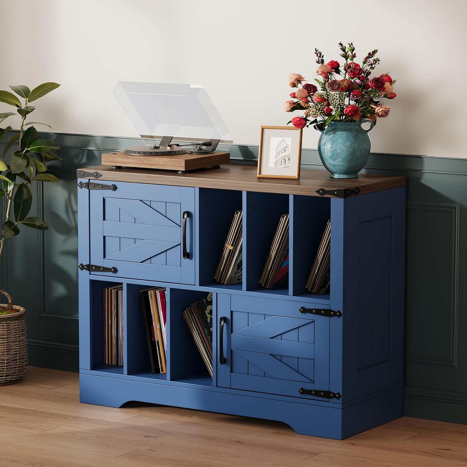 GarveeHome 39in Large Vinyl Record Storage, Farmhouse Wood Turntable Record Player Stand with Storage Cabinet and 2 Barn Doors for Living Room Bedroom, Navy Blue