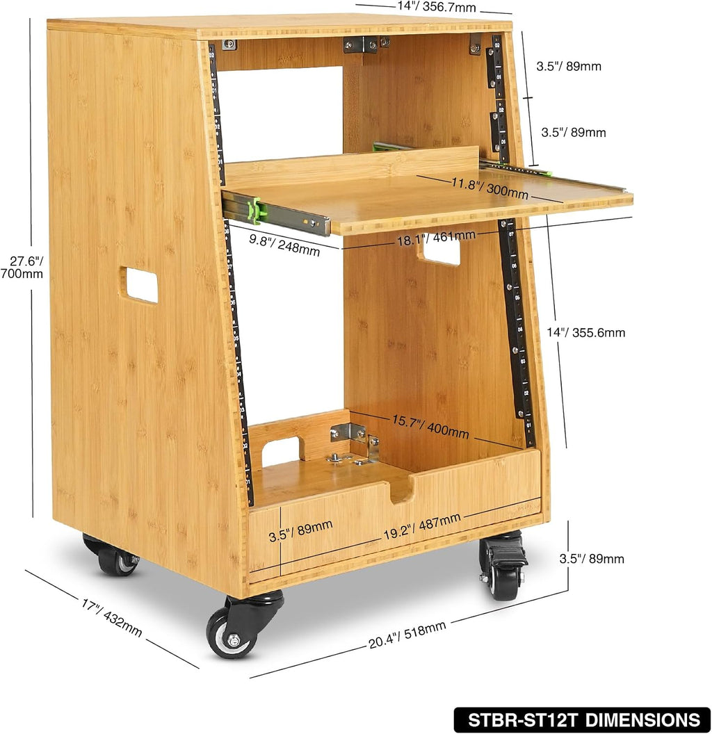 Sound Town DIY Solid Carbonized Bamboo Slanted 12U Studio Rack (4U Top + 8U Lower), with 2U Bottom Storage, Slide-Out Tray, Caster, For Recording Room, Home Studio (STBR-ST12T)