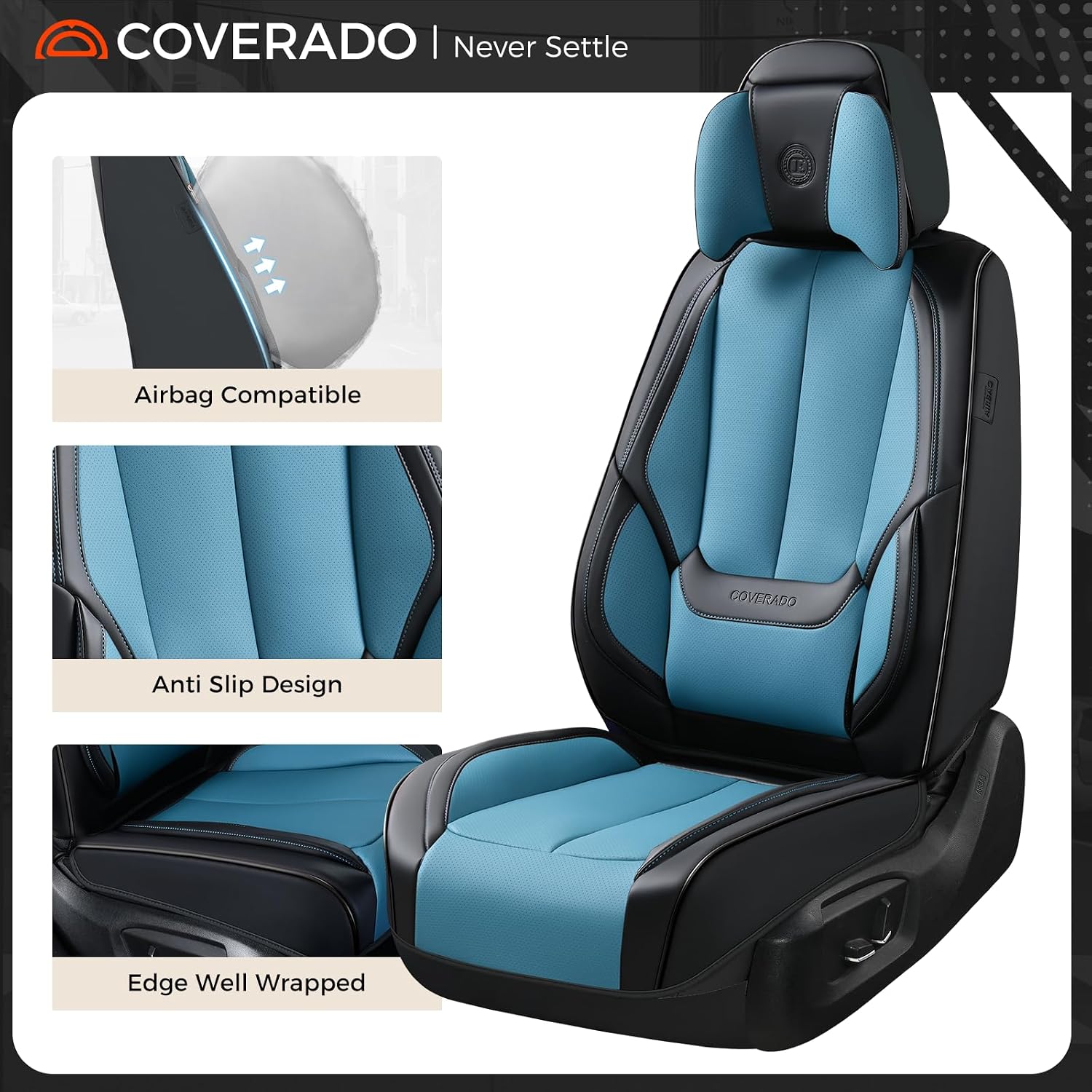 Coverado Seat Covers, Car Seat Covers Front Seats, Car Seat Cover, Car Seat Protector Waterproof, Seat Cushion Nappa Leather with Head Pillow, Carseat Cover Universal Fit for Most Cars (Black&Blue)