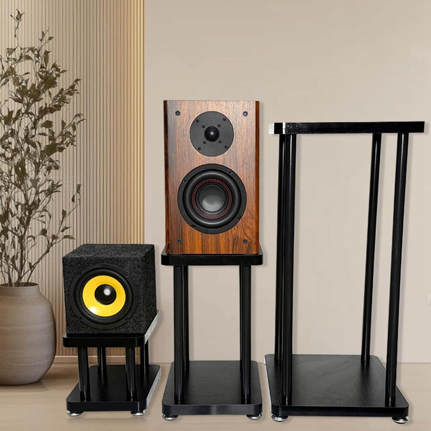 Modern Minimalist Black Speaker Stand Home Audio Dual Shelf Rack Multi-Functional Universal Various Audio Equipment(38 * 33 * 71cm)