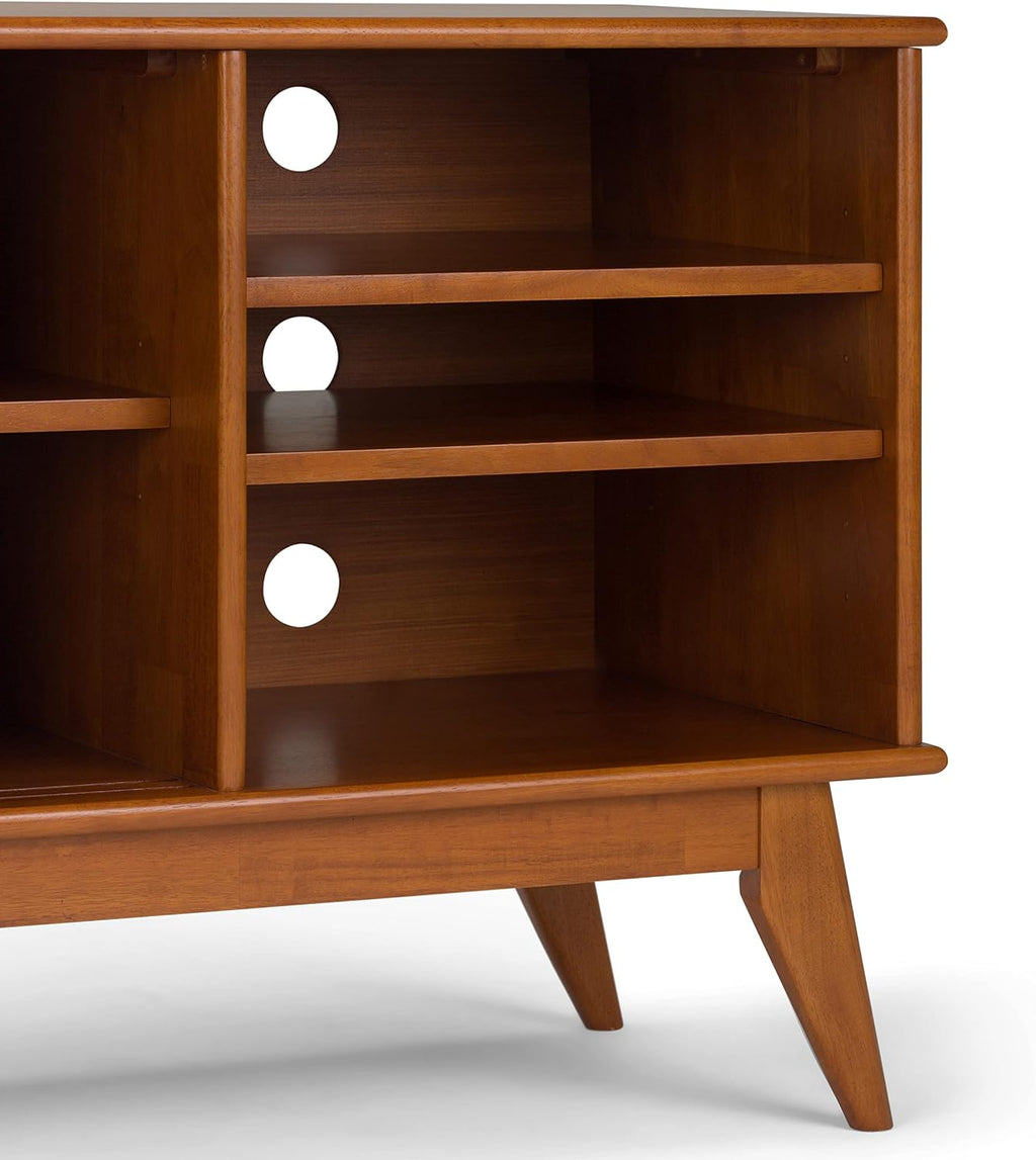 SIMPLIHOME Draper TV Stand - 60 inch Wide Solid Wood Media Console in Teak Brown, Mid Century Modern Entertainment Center for Living Room for TVs up to 65 Inches with Shelves and Cable Management