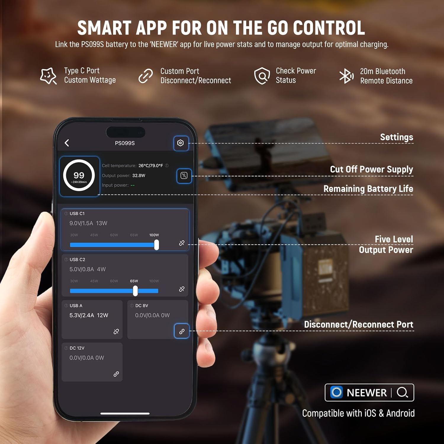 NEEWER Mini V Mount Battery Smart APP Control, 6800mAh 99Wh 14.5V 100W PD Fast Charging, OLED, Backup Power Supply Compatible with BMPCC 4k 6k Camcorder, USB C for Camera Monitor Video Light, PS099S
