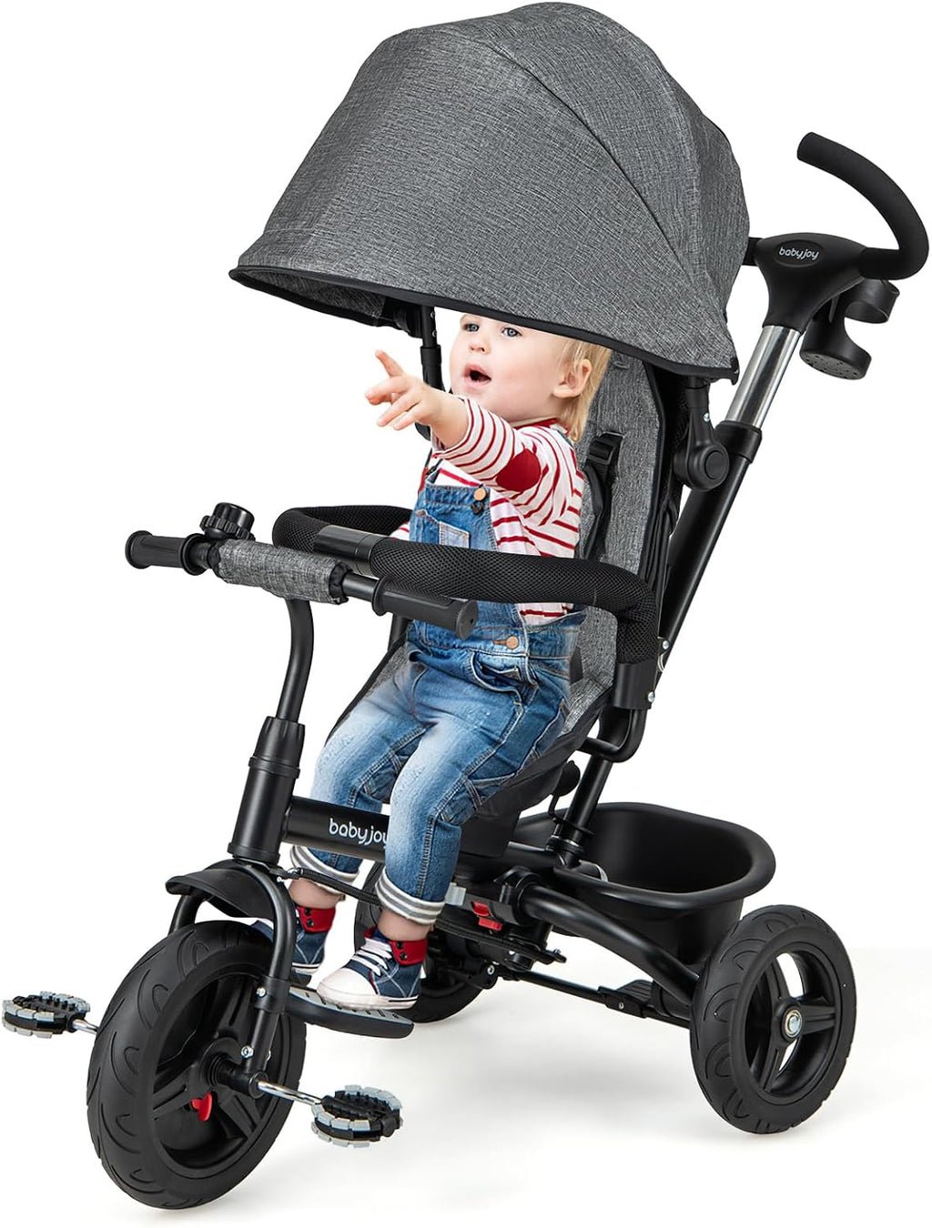 BABY JOY Tricycle, 6 in 1 Trike for Toddler w/Reversible Seat, Adjustable Canopy & Parent Handle, 5-Point Safety Belt, PU Wheels and Storage Basket, Push Tricycle for 9-60 Months (Gray)