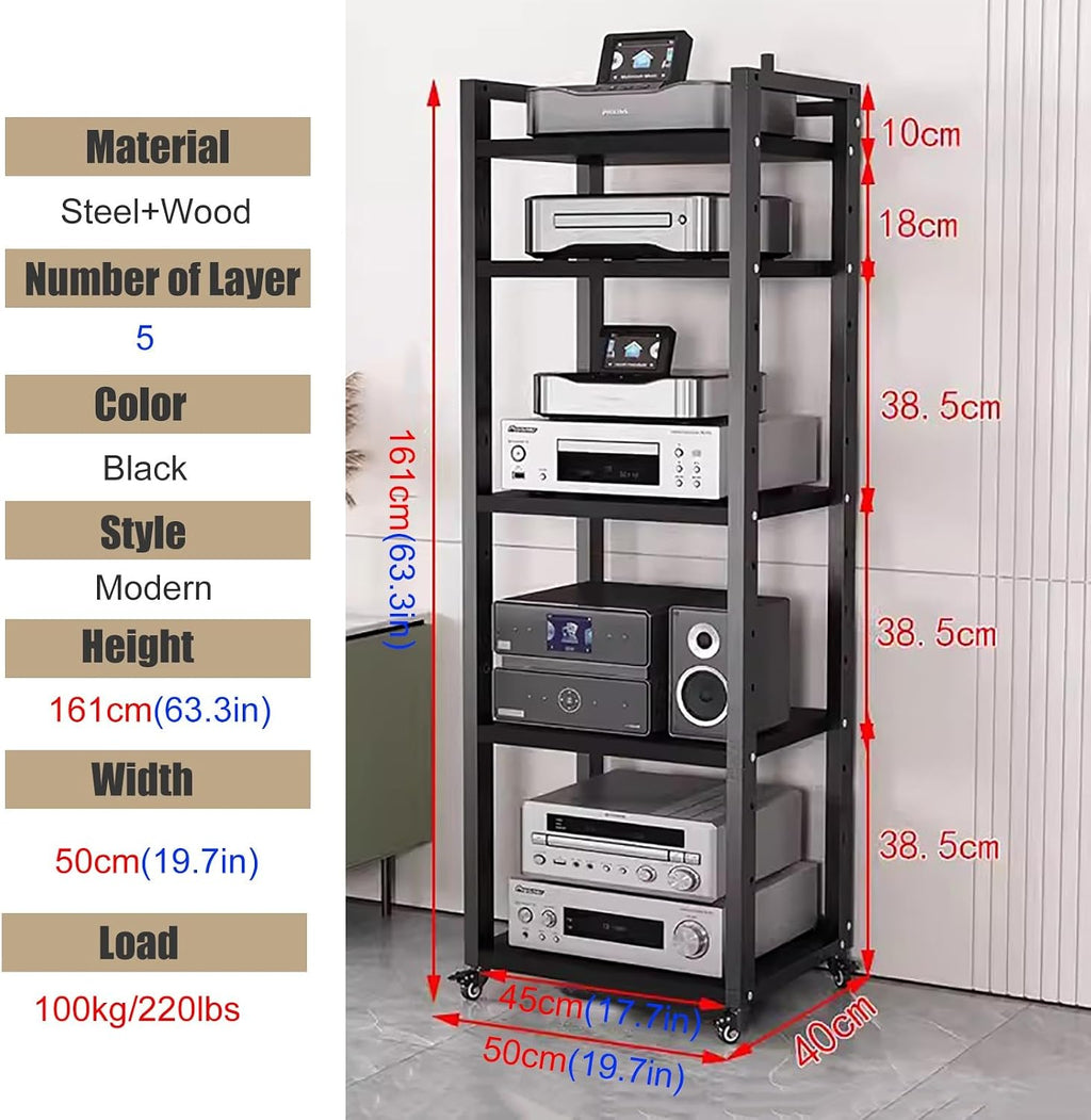 Tall Stereo Racks And Stands on Wheels Media Storage Cabinet Rack, Black Modern Entertainment Stereo Components Stand, Audio Video Equipment Rack（5 tier-50cm wide）