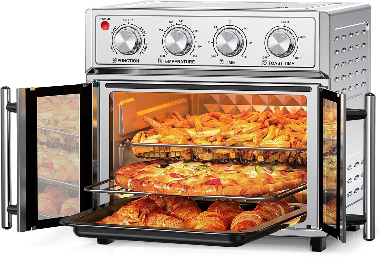 PlumChef 27.5 Quart Extra Large 6 Slices Air Fryer Convection Toaster Oven, French Door, 1700W, Multifunction Oven for Air Fryer, Toast, Grill, Defrost, Bake (Stainless Steel)