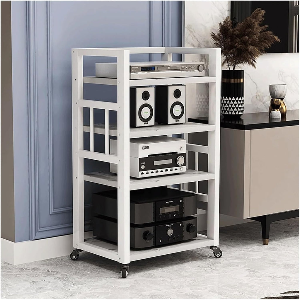 Audio Rack 4 Tier Stereo Rack Audio Equipment Rack Audio Stereo Shelf Wooden Open HiFi Rack Audio-Video Shelving with Wheels Movable(Wei�)