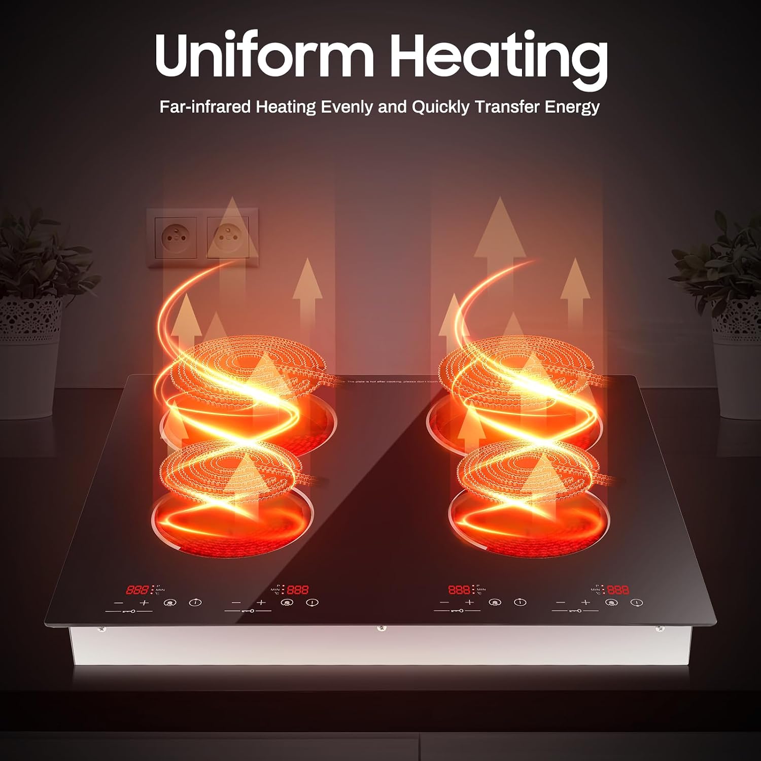 PERFERATE Electric Cooktop 4 Burner Electric Ceramic Cooktop 3000W,110V Countertop/Built-in Ceramic Stove Top with Touch-Control 9 Heating Levels Radiant Stove Top for All Cookwares