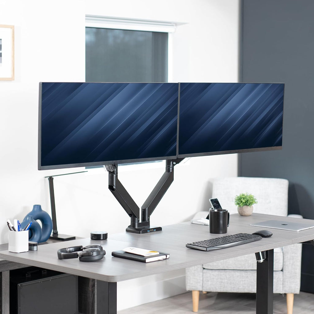 VIVO Premium Aluminum Heavy Duty Arms, Fits 2 Ultrawide Monitors up to 38 inches, Widescreen Dual Monitor Desk Mount with Instant Pneumatic Spring Height Adjustment VESA Stand, USB 3.0, STAND-V102G2U