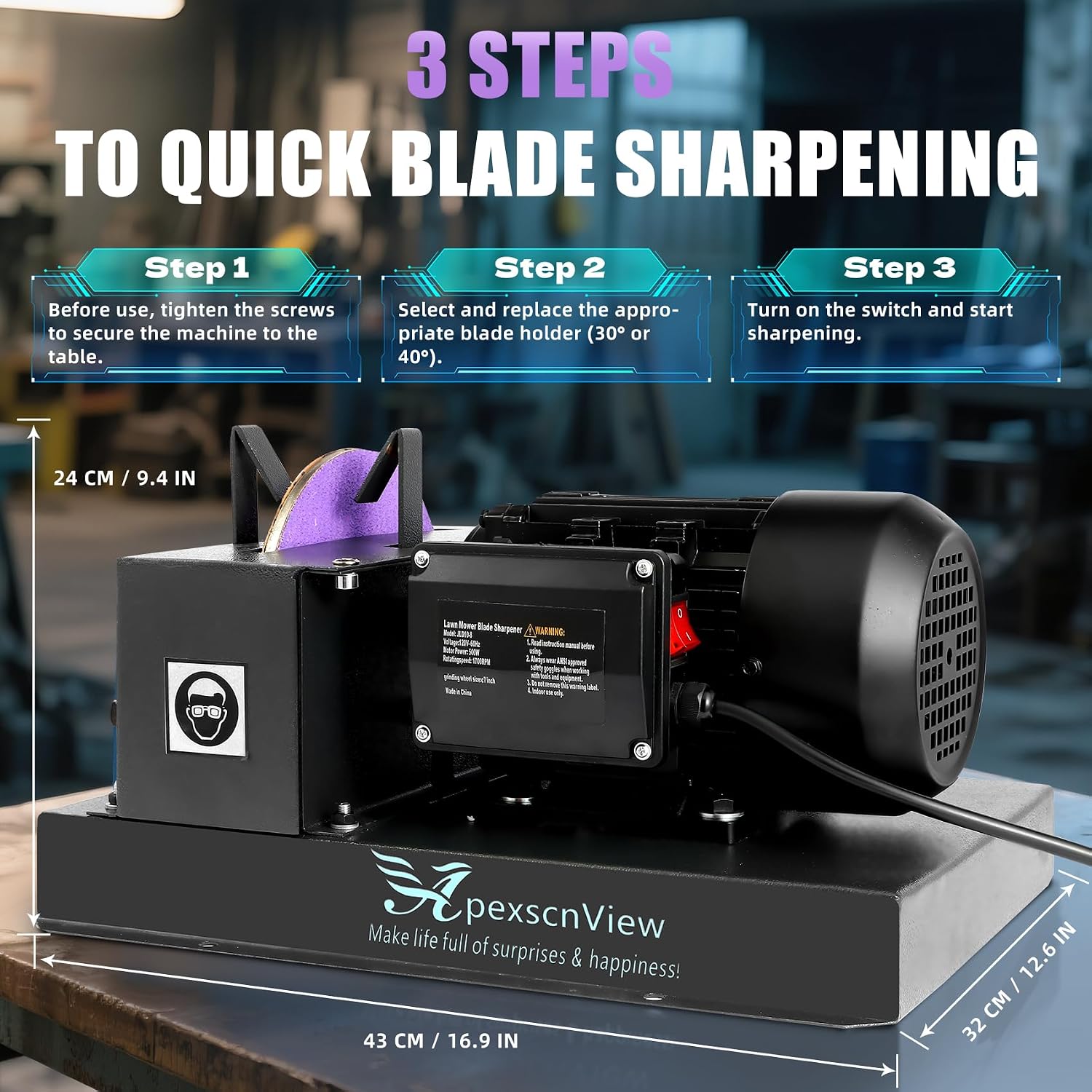 Lawn Mower Blade Sharpener, 1HP 750W Lawn Mower Blade Grinder with 9 in Ceramic Wheel, Flat Blades, Sharpens High/Low Lift, Adjustable Angle Bracket and Blade Balancer, Etc.