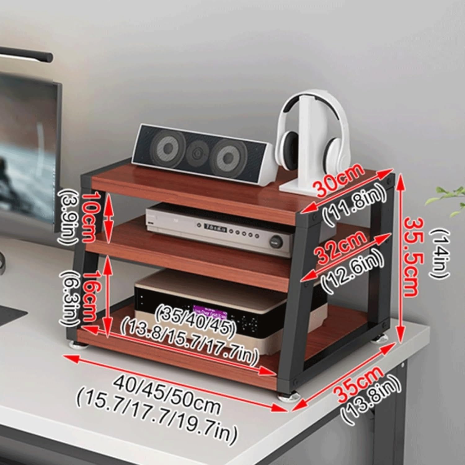 Audio Rack 2/3/4 Tier Stereo Rack Audio Equipment Rack Wooden Audio Rack Cabinet Open Trapezoidal HiFi Rack Strong Stereo Shelf(Nero,40x35x35.5cm)