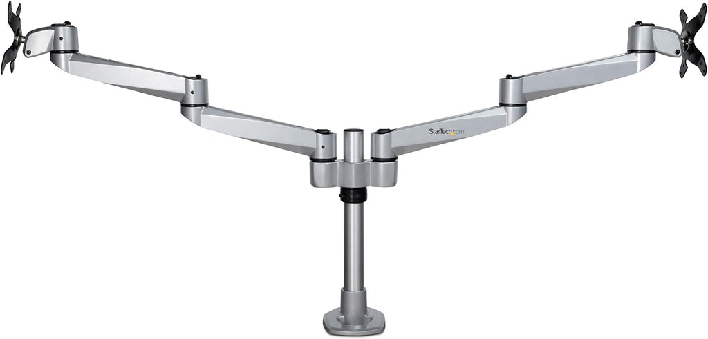 StarTech.com Desk Mount Dual Display Arm, Premium Articulating VESA Mount for Screens up to 27' (17.6lb/8kg), Height Adjustment, Rotate, Tilt, Swivel, Clamp or Grommet Base, TAA