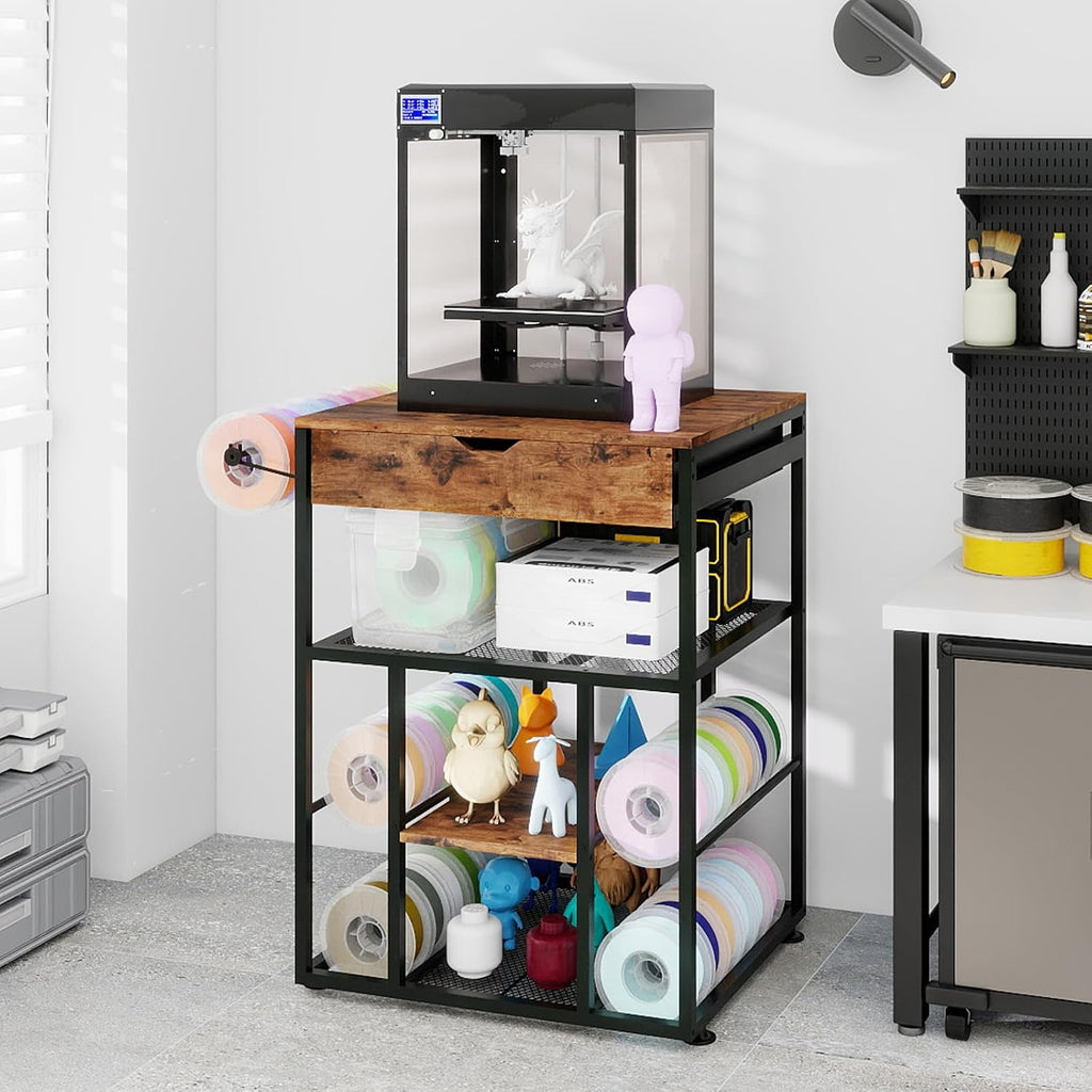 PUNCIA 25.6″ × 21.7″ Platform 3D Printer Stand with Filament Storage, All-in-One Heavy-Duty Rack Organizer for PLA ABS Spools 3D Printing Shelf for FDM & SLA Printers Home Office Workshop Studio Setup