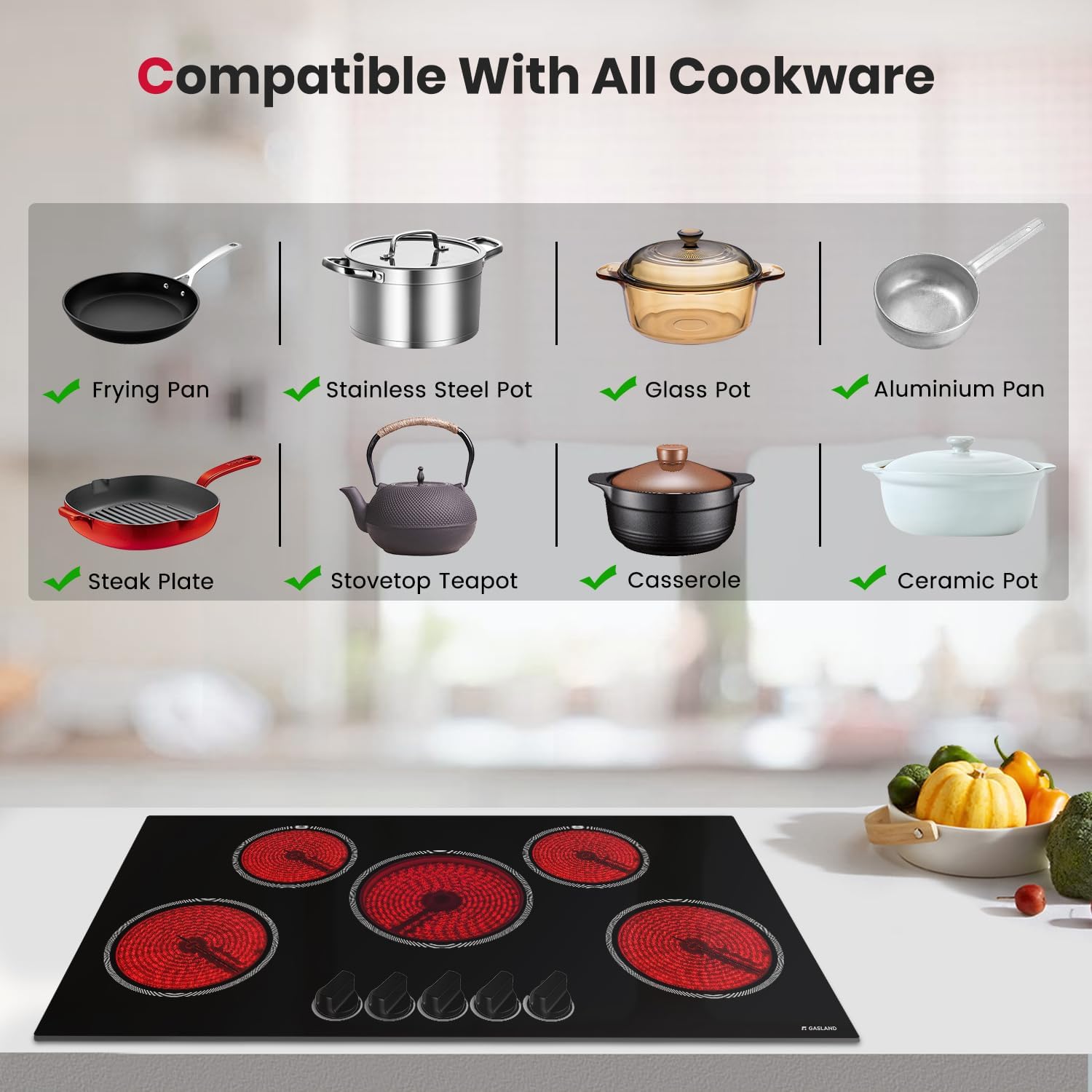 GASLAND 36 Inch Electric Cooktop, 8200W Drop-in Radiant Glass Stove Top CH90BS with 5 Burners, 220V Ceramic Electric Stovetop, 7 Power Levels, Mechanical Knob Control, Hot Warning, Hard Wire